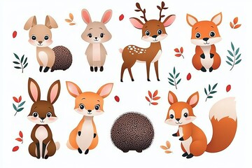 Fototapeta premium Charming cartoon forest animals including foxes, rabbits, deer, and hedgehogs with whimsical autumn leaves. Perfect for children's illustrations and storytelling projects.