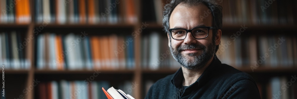 Poster a smiling individual holding books in a library setting.