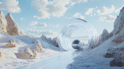 Obraz premium Futuristic Hyperloop Pod in Transparent Tunnel amidst Abstract Landscapes - Concept of High-Tech Transportation Innovation