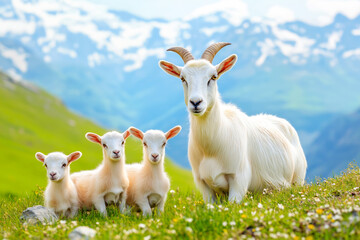 Obraz premium Goat with her playful kids frolicking on vibrant green grass in a picturesque mountain landscape during a sunny day