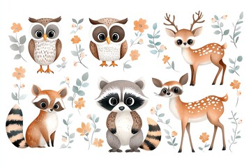 Fototapeta premium Charming woodland creatures set featuring owls, raccoons, and deer with delicate floral accents, perfect for whimsical designs and nature-inspired projects.