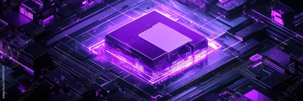 Poster A futuristic microprocessor surrounded by digital circuitry and glowing effects.
