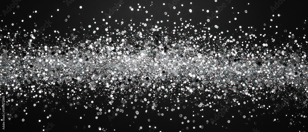 Poster a shimmering array of silver particles against a dark background, creating a sparkling effect.