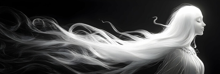 Fototapeta premium 3D Illustration of a Woman with Long Flowing White Hair Against a Black Background