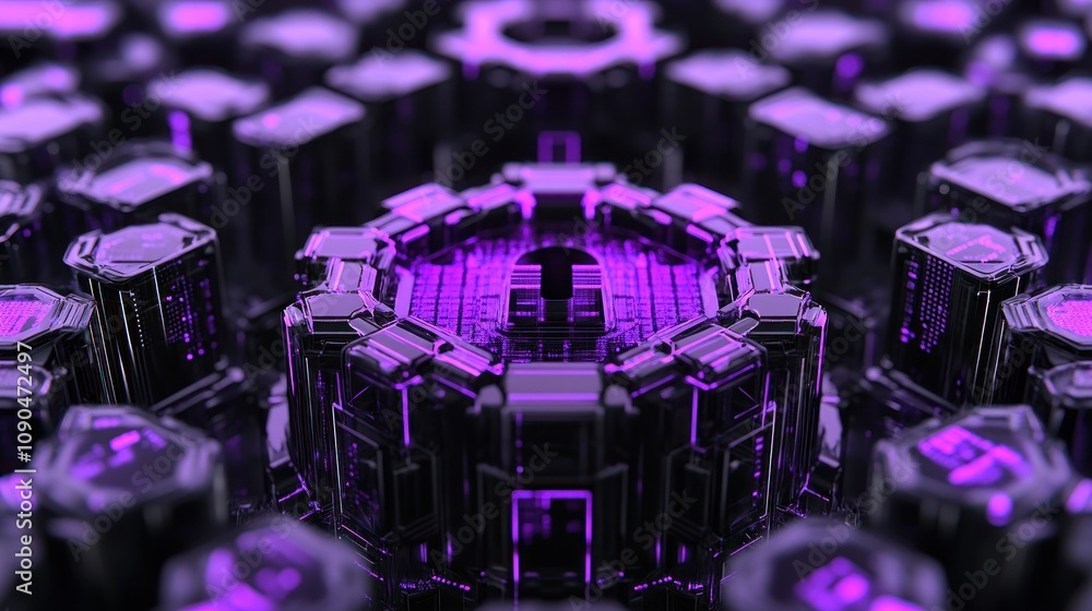 Poster a futuristic, abstract design featuring geometric shapes and a purple color scheme.
