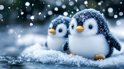 Obraz premium Woolen penguins sliding on a tiny frozen pond soft snow falling around them creative photography copy space