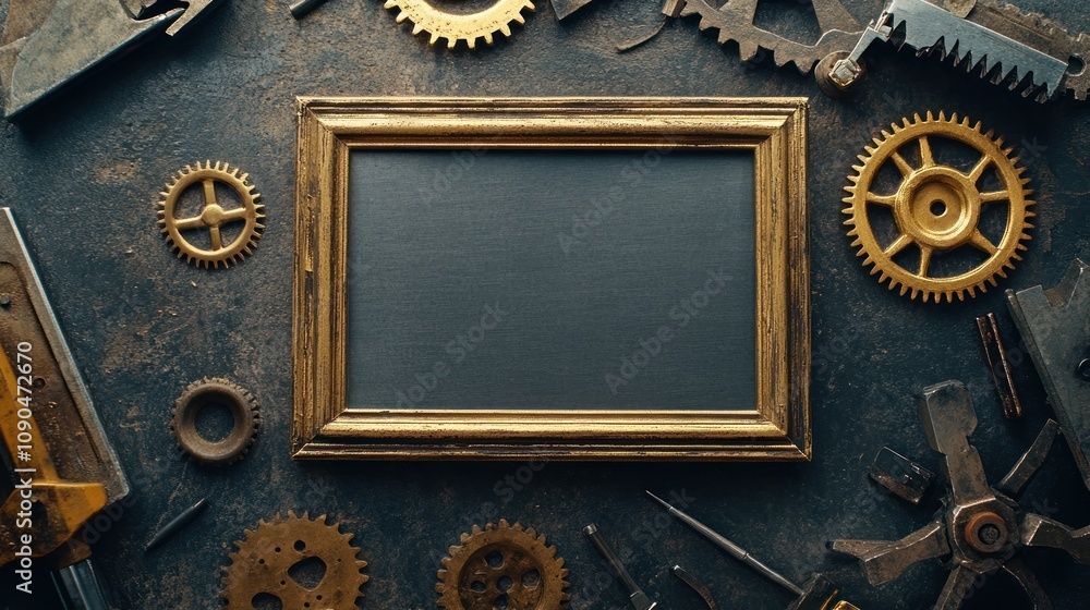 Poster A vintage frame surrounded by various tools and gears on a textured surface.