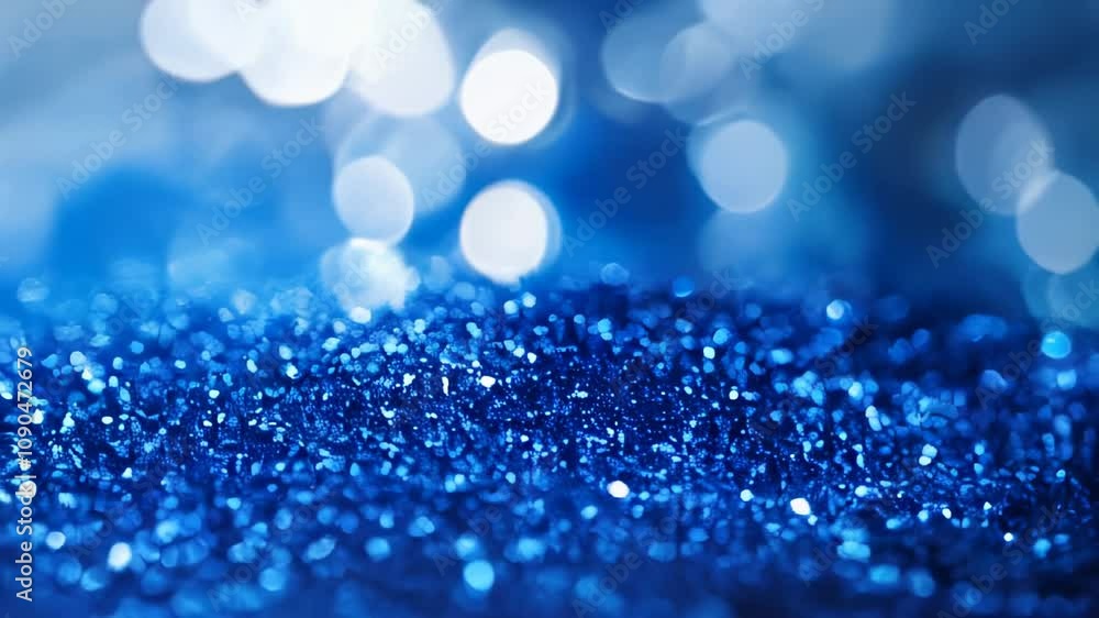 Poster a dazzling display of blue glitter, shimmering in focused light, with bokeh circles in the backgroun