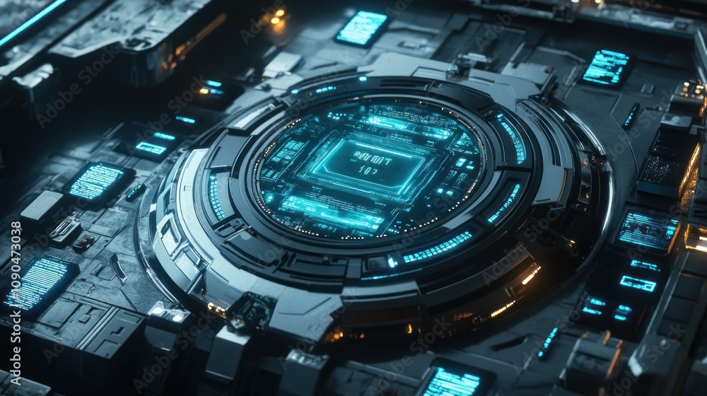 Poster futuristic circuit board with glowing elements and digital displays, emphasizing technology.