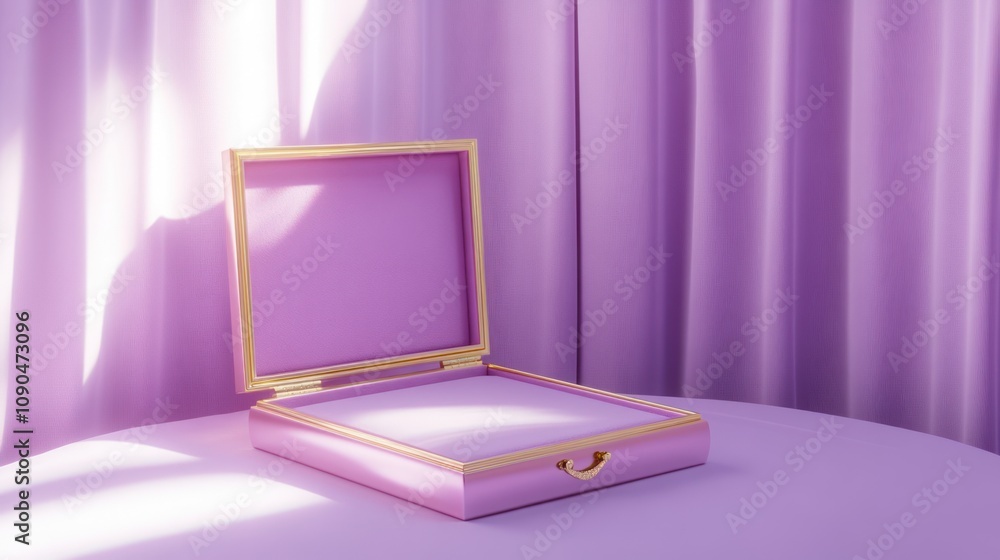 Poster a decorative open box on a round table with soft purple curtains in the background.