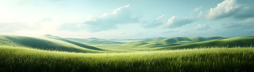 Obraz premium A Stunning Digital Illustration Depicting a Lush Green Meadow Rolling Hills Underneath a Tranquil Blue Sky with White Puffy Clouds.