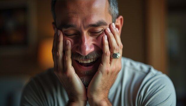 Man shedding tears of joy experiencing an emotional and deeply touching moment