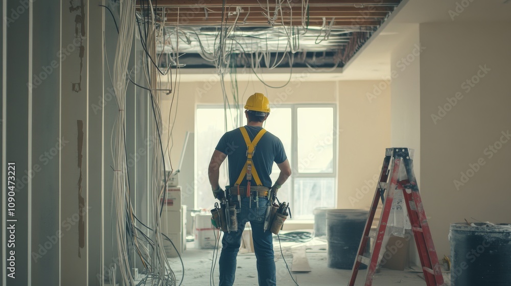 Poster an electrician installing electrical wiring inside a building under construction, electrical install