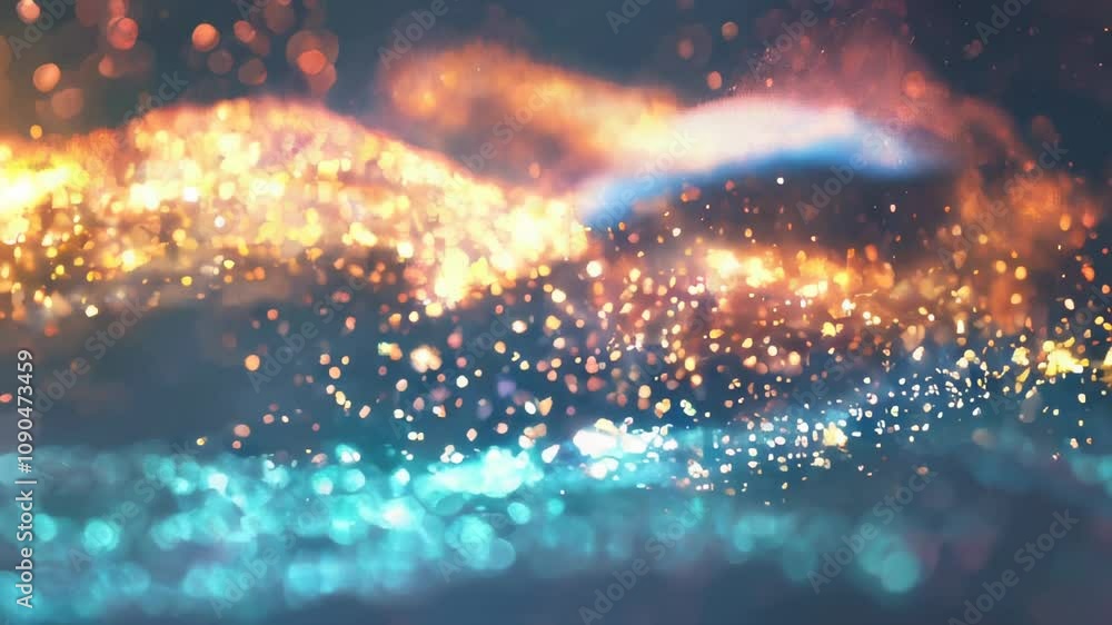 Poster swirling golden and blue glitter waves with bokeh, creating an abstract festive background filled wi