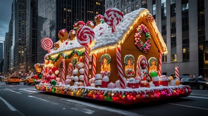 Fototapeta premium Gingerbread house float in a Christmas parade, decorated with candy and lights