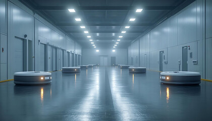 Specialized warehouse designs. modern medical supply warehouse with automated robots efficiently navigating spacious, well lit facility. 