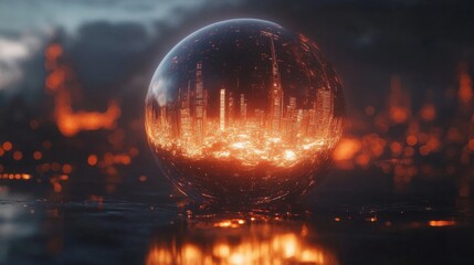 Fototapeta premium Futuristic city reflection in a glowing orb with vibrant orange lighting and dark atmospheric background showcasing a sci-fi landscape and urban architecture