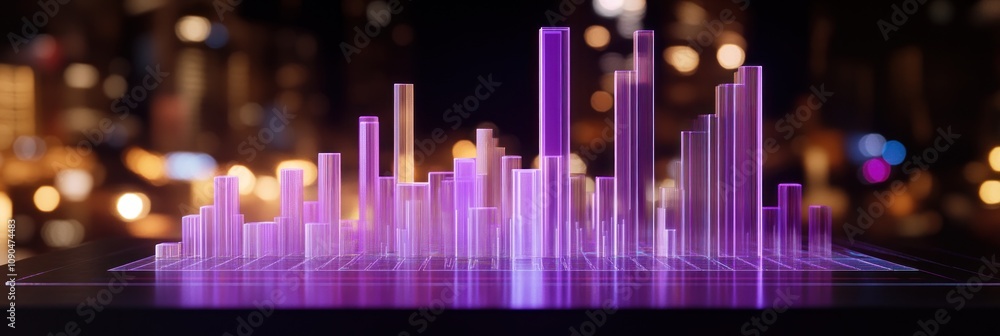 Poster A 3D bar graph visualization with a purple hue against a blurred city background.