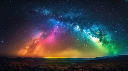 Fototapeta premium Stunning night sky with a colorful Milky Way arch over mountains.