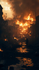 Fototapeta premium A solitary figure walks through a destroyed city, flames raging in the background, casting an eerie glow on the water-filled streets.