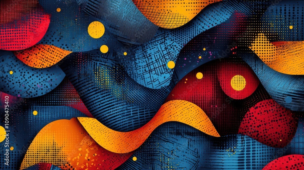 Poster vibrant fabric printing process showing textile patterns created with digital technology