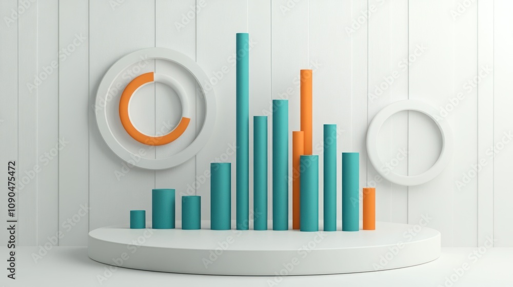 Poster A modern 3D bar graph with circular elements, showcasing data visualization concepts.
