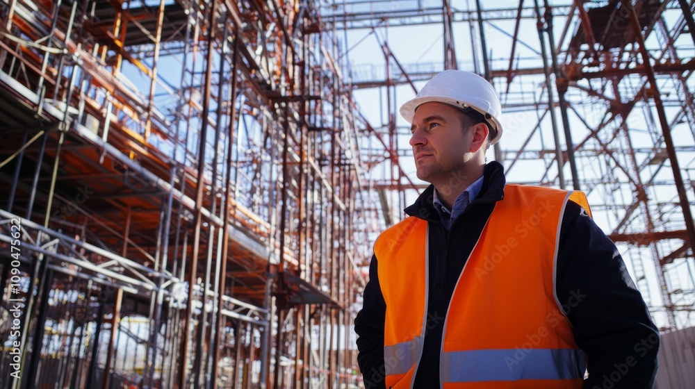 Poster an engineer in a white helmet and orange safety vest, examining a steel framework and looking confid