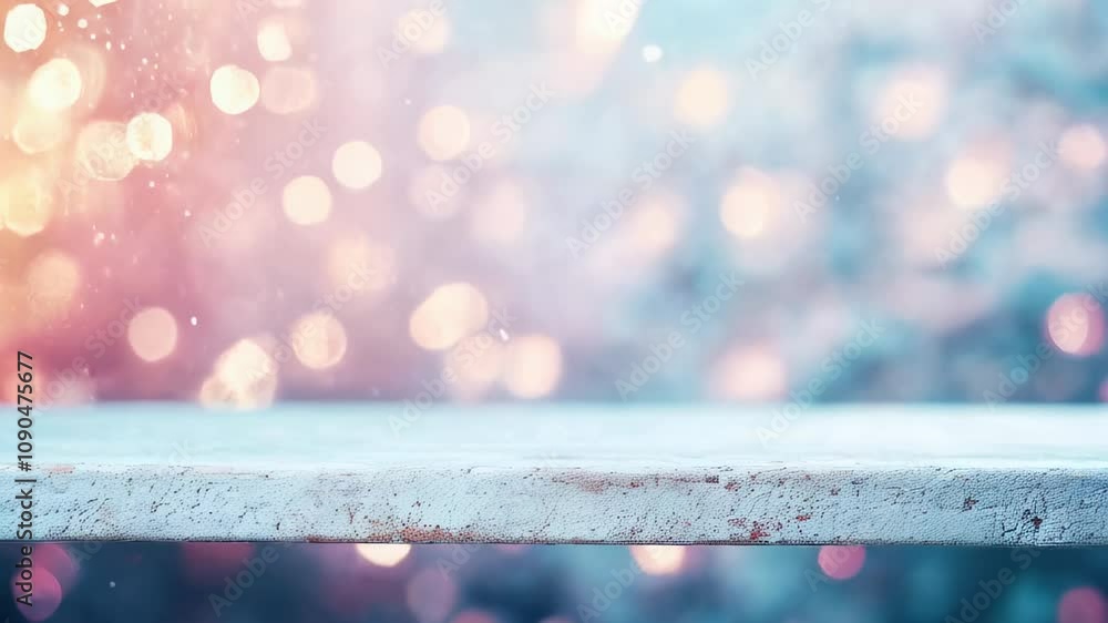 Poster rustic white tabletop set against a soft pastel bokeh background, ideal for product display or creat