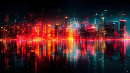 Naklejka premium Neon City Skyline with Glowing Lights Reflected in Water