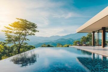 Obraz premium Modern house with infinity pool and mountain view.