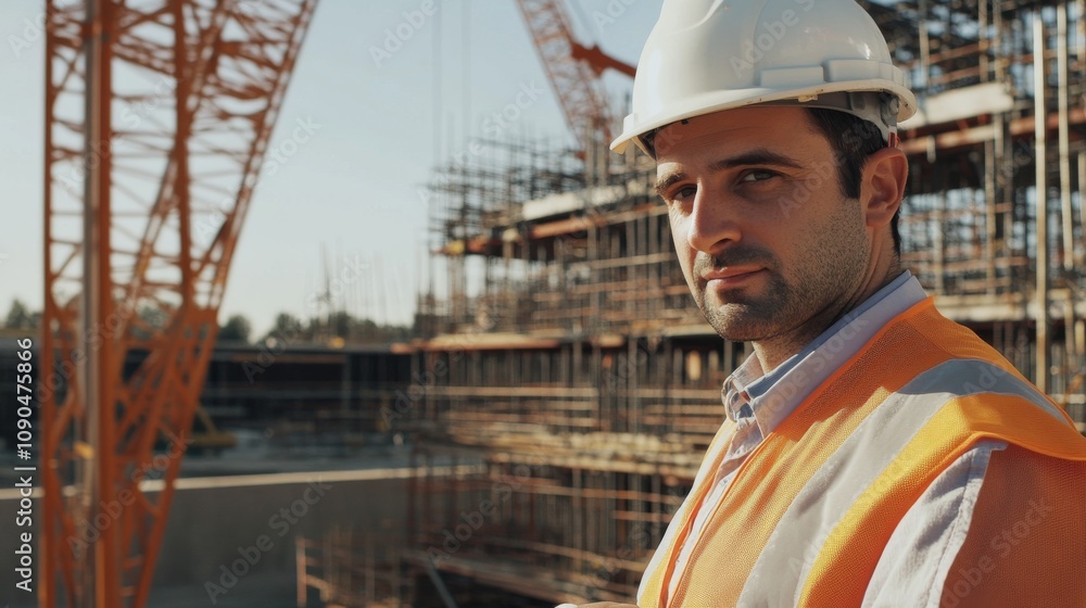 Poster an engineer in a white helmet and orange safety vest, examining a steel framework and looking confid