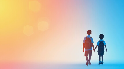 Two Silhouetted Children Holding Hands Against a Soft Gradient Background, Symbolizing Friendship, Unity, and Childhood Adventure in a Peaceful Setting