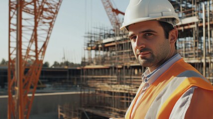 Fototapeta premium An engineer in a white helmet and orange safety vest, examining a steel framework and looking confidently at the camera, surrounded by cranes and scaffolding