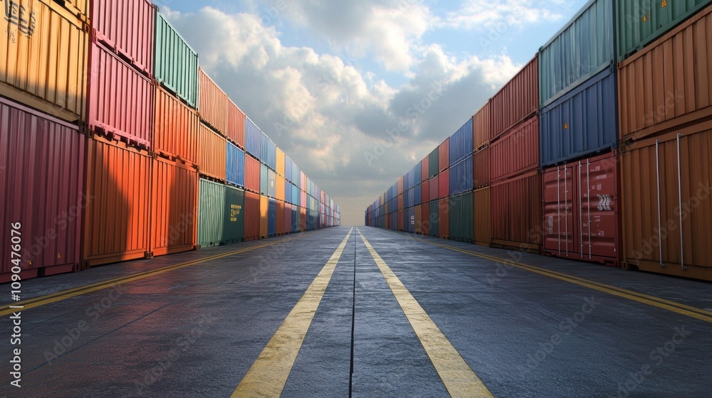 Poster A view of a shipping container yard with colorful containers lined up against a cloudy sky.