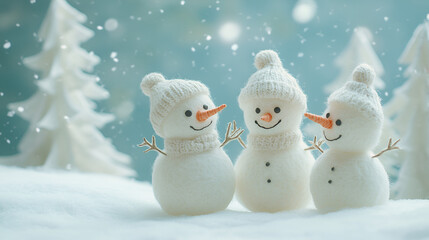 Obraz premium Woolen snowmen in a papercut forest holding hands and smiling under softly falling snow cheerful winter day 