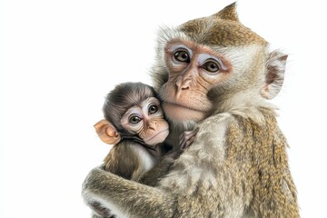Obraz premium Mother monkey cradles baby monkey.