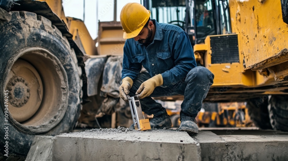 Poster an engineer inspecting concrete quality with a testing device amid construction machinery, concrete 