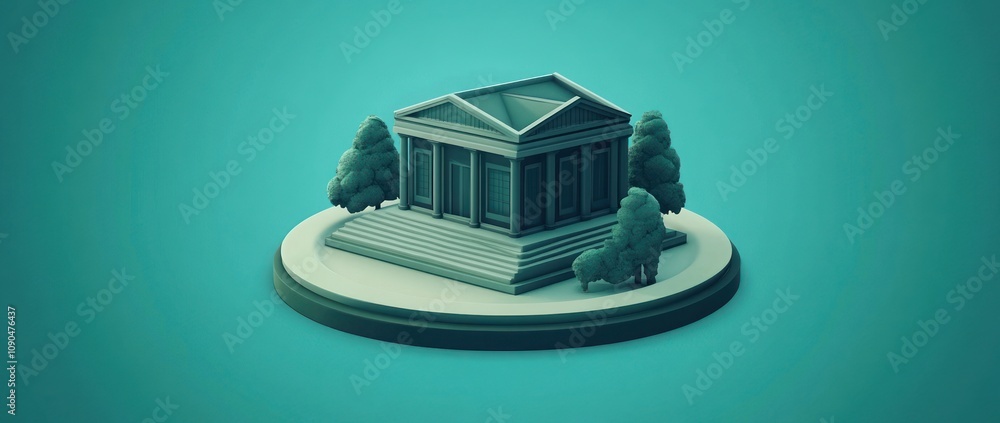 Poster a stylized representation of a classical building with trees, suggesting historical significance.