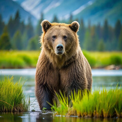 Obraz premium A majestic brown bear standing amidst the breathtaking Alaskan