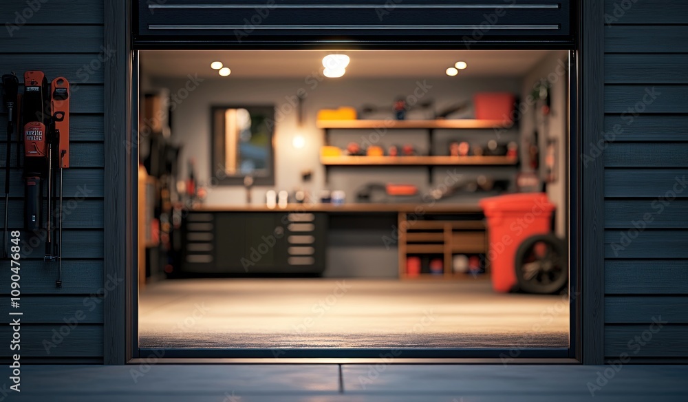 Poster a well-organized garage with tools and storage, designed for diy and maintenance tasks.