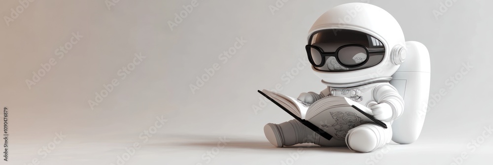 Poster a stylized astronaut character reading a book, blending science fiction with leisure.