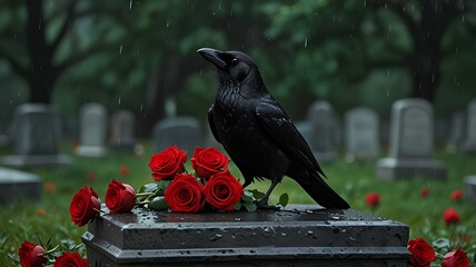 crow on a tombstone. red roses. raining.