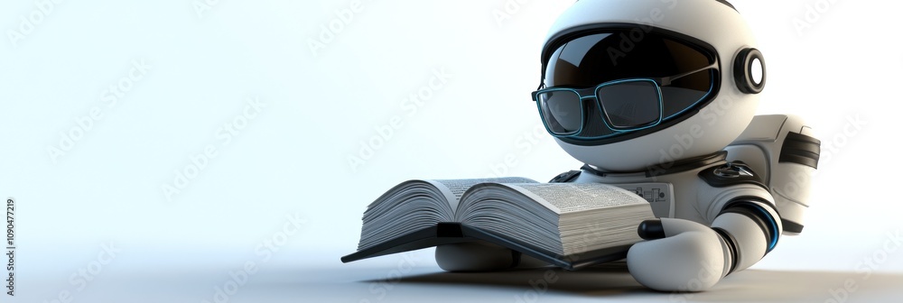Poster a cartoon astronaut reading a book, combining themes of space and knowledge.