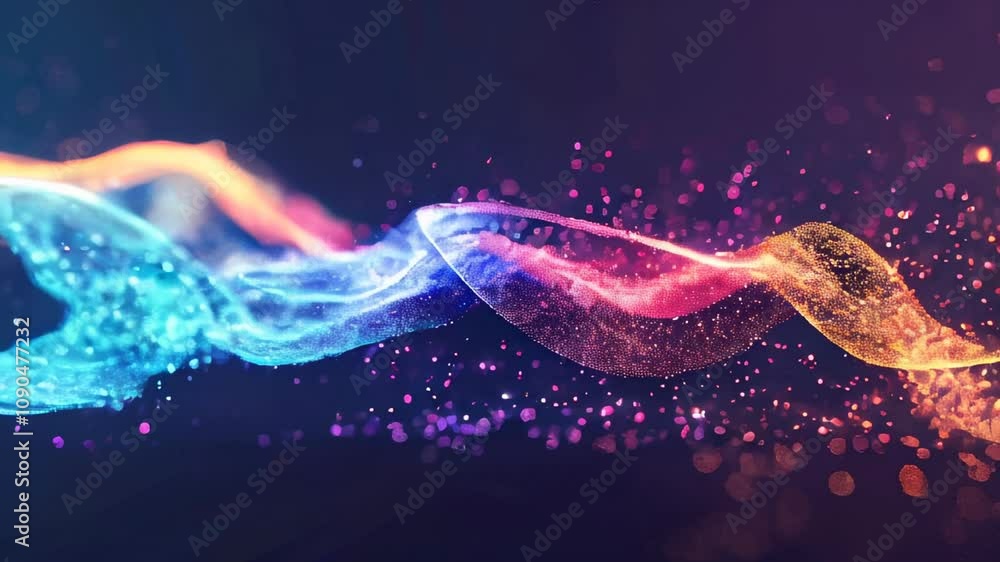 Poster abstract digital wave composed of colorful light particles, flowing dynamically against a dark backg
