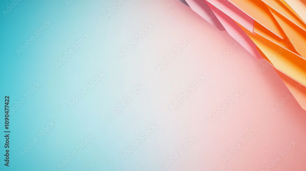 Poster vibrant abstract background with colorful paper shapes in orange and pink against a soft blue gradie