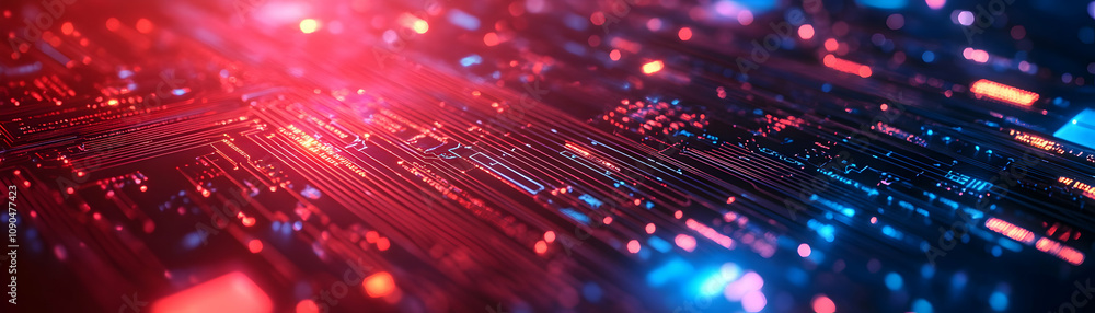 Poster abstract 3d rendering of circuit board with glowing red and blue lights