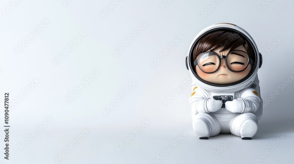 Poster a cute character in a space suit playing a video game, conveying a playful and imaginative vibe.