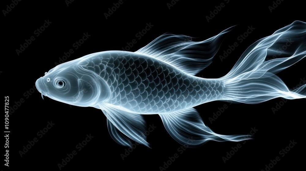 Poster An x-ray image of a fish, showcasing its skeletal structure and fins in a translucent style.