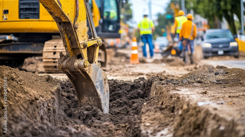 Poster an excavator operator digging trenches for utility lines at a municipal infrastructure project, with