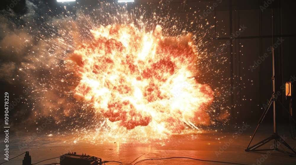 Poster a dramatic explosion captured in a controlled environment, showcasing effects and dynamics.